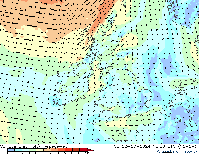 Surface wind (bft) Arpege-eu So 22.06.2024 18 UTC