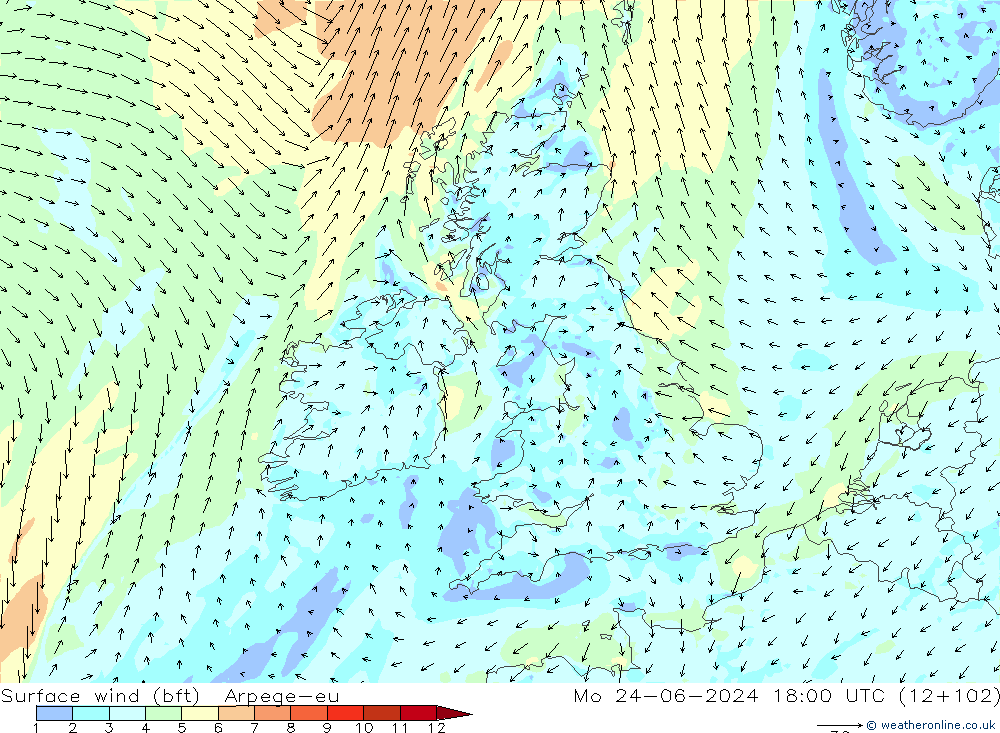 Surface wind (bft) Arpege-eu Mo 24.06.2024 18 UTC