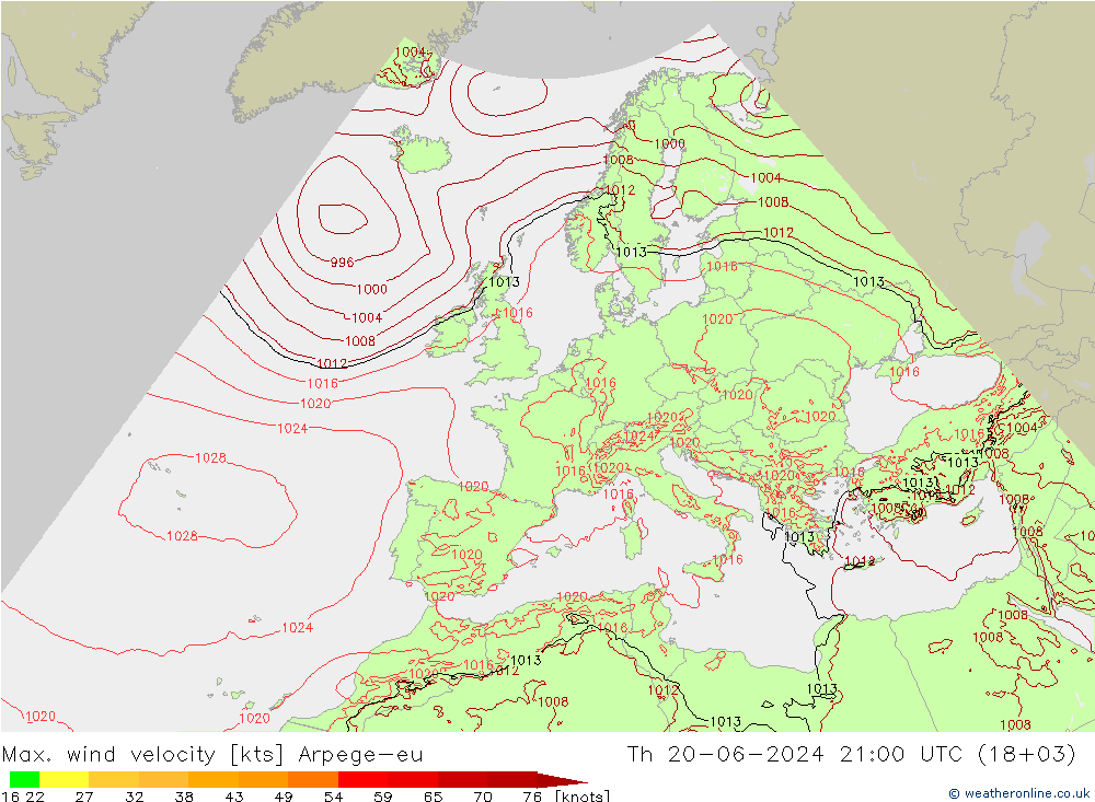 Max. wind velocity Arpege-eu 星期四 20.06.2024 21 UTC