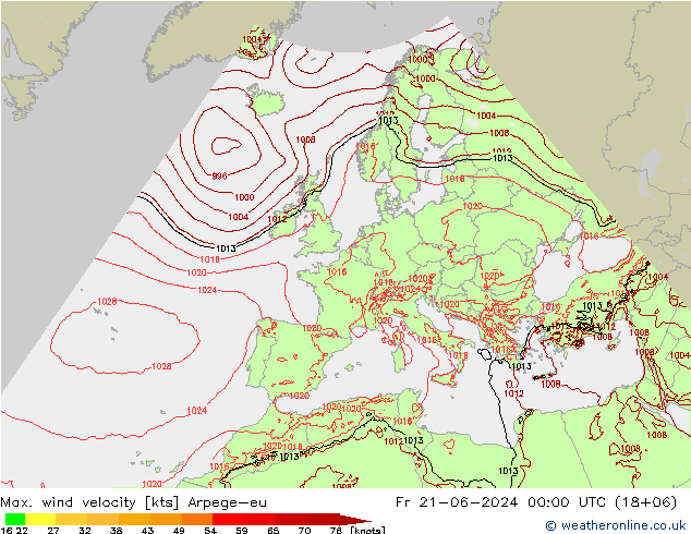 Max. wind velocity Arpege-eu ven 21.06.2024 00 UTC