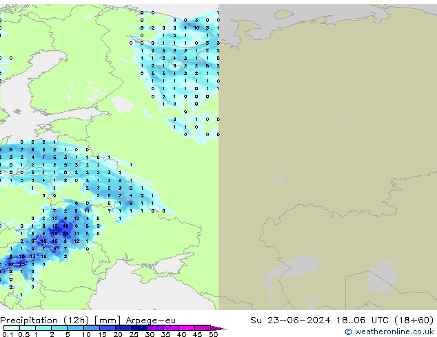Totale neerslag (12h) Arpege-eu zo 23.06.2024 06 UTC