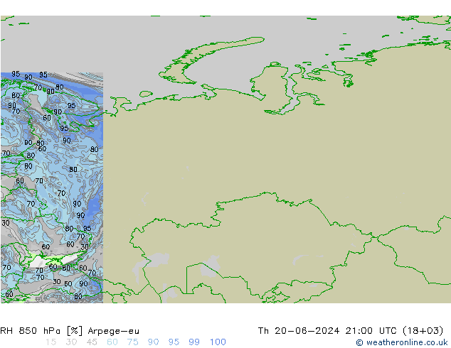 RH 850 hPa Arpege-eu Th 20.06.2024 21 UTC