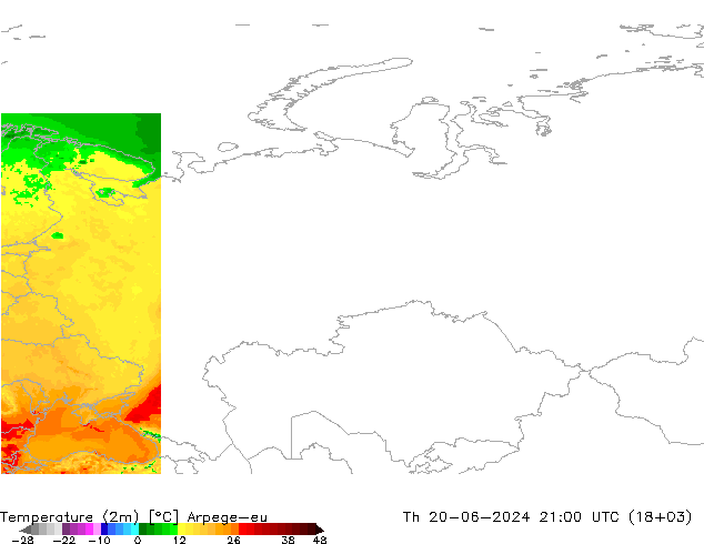 Temperatuurkaart (2m) Arpege-eu do 20.06.2024 21 UTC