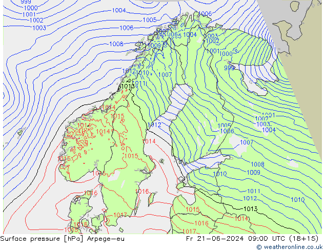 Atmosférický tlak Arpege-eu Pá 21.06.2024 09 UTC
