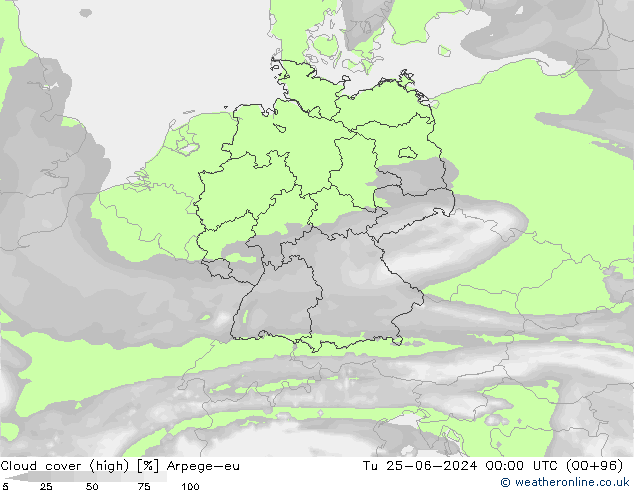 Cloud cover (high) Arpege-eu Tu 25.06.2024 00 UTC