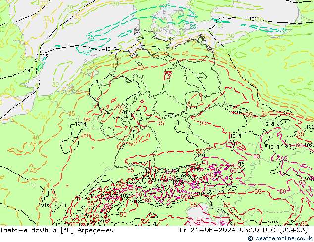 Theta-e 850hPa Arpege-eu vie 21.06.2024 03 UTC