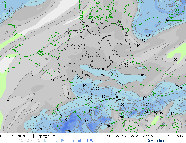 RH 700 hPa Arpege-eu Su 23.06.2024 06 UTC