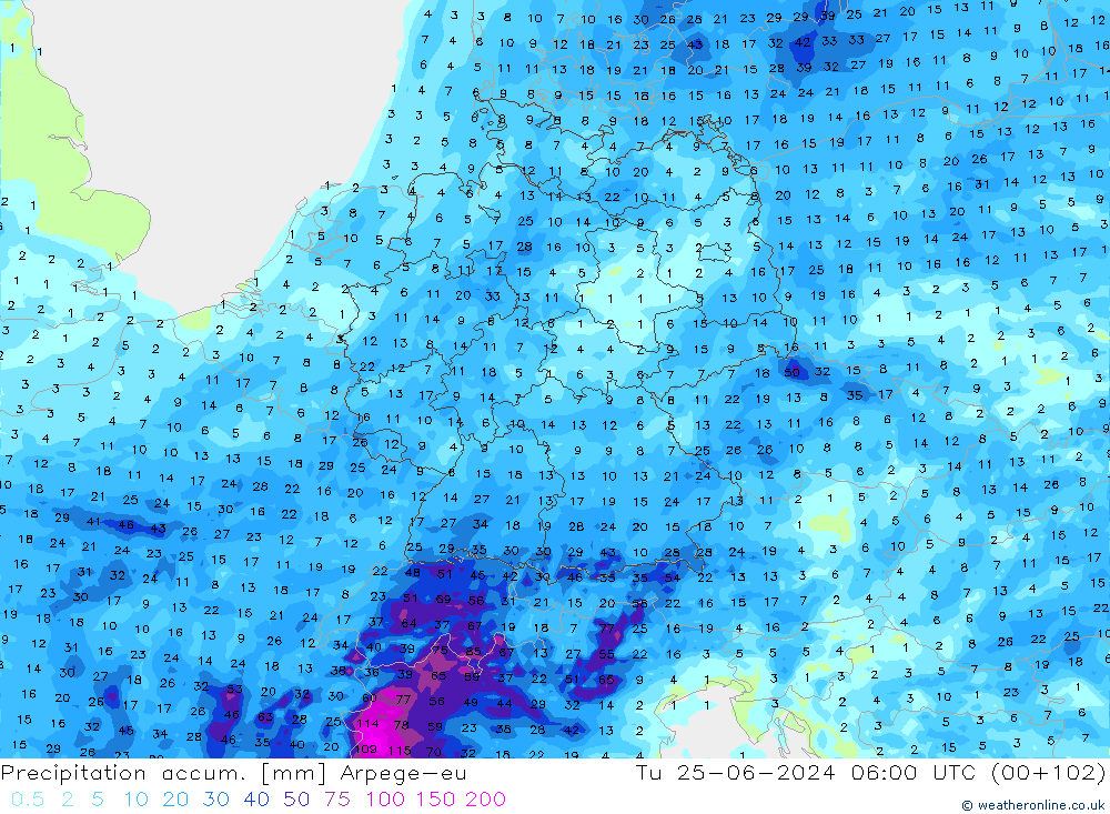 Precipitation accum. Arpege-eu Tu 25.06.2024 06 UTC