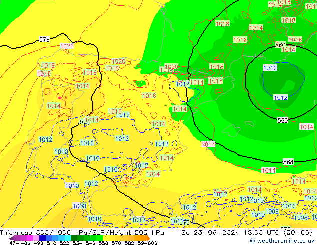 Espesor 500-1000 hPa Arpege-eu dom 23.06.2024 18 UTC