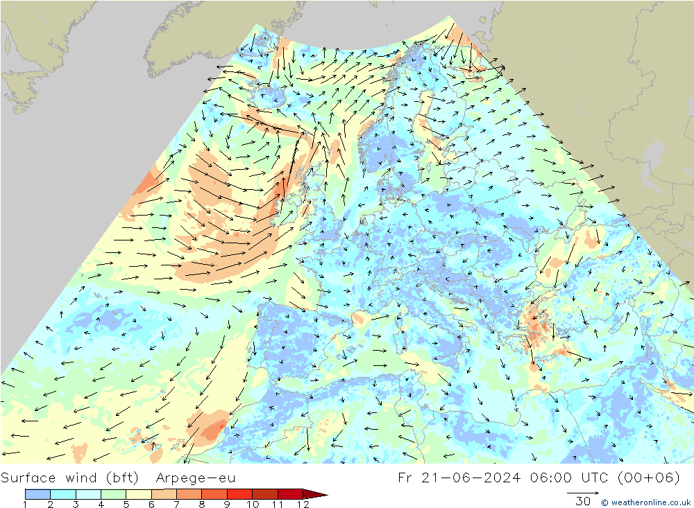 ве�Bе�@ 10 m (bft) Arpege-eu пт 21.06.2024 06 UTC