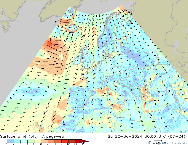 Surface wind (bft) Arpege-eu Sa 22.06.2024 00 UTC