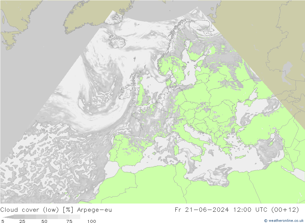 Cloud cover (low) Arpege-eu Fr 21.06.2024 12 UTC