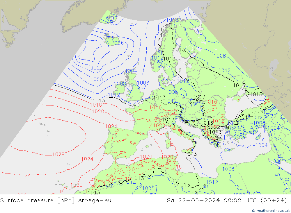 地面气压 Arpege-eu 星期六 22.06.2024 00 UTC