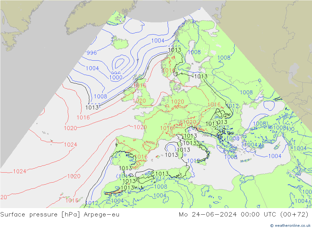 地面气压 Arpege-eu 星期一 24.06.2024 00 UTC