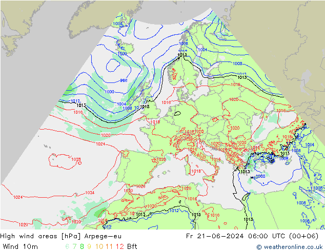 High wind areas Arpege-eu vie 21.06.2024 06 UTC