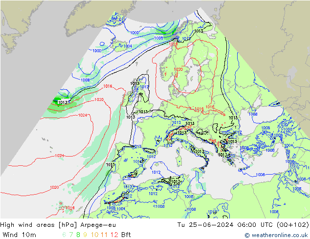 yüksek rüzgarlı alanlar Arpege-eu Sa 25.06.2024 06 UTC