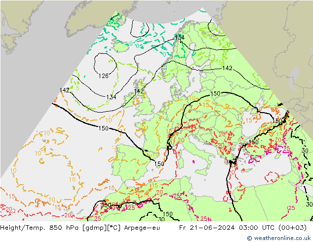 Height/Temp. 850 hPa Arpege-eu 星期五 21.06.2024 03 UTC