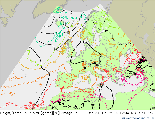 Yükseklik/Sıc. 850 hPa Arpege-eu Pzt 24.06.2024 12 UTC