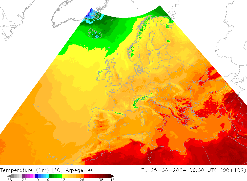 温度图 Arpege-eu 星期二 25.06.2024 06 UTC
