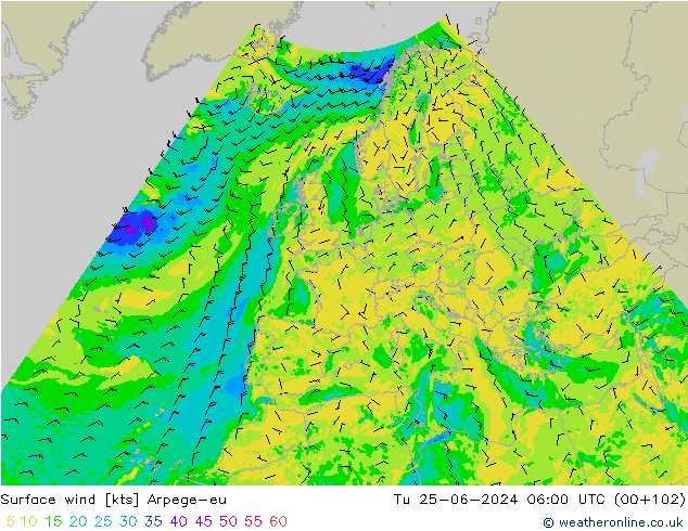 Surface wind Arpege-eu Tu 25.06.2024 06 UTC