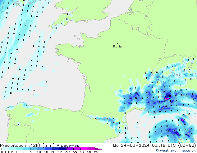 осадки (12h) Arpege-eu пн 24.06.2024 18 UTC