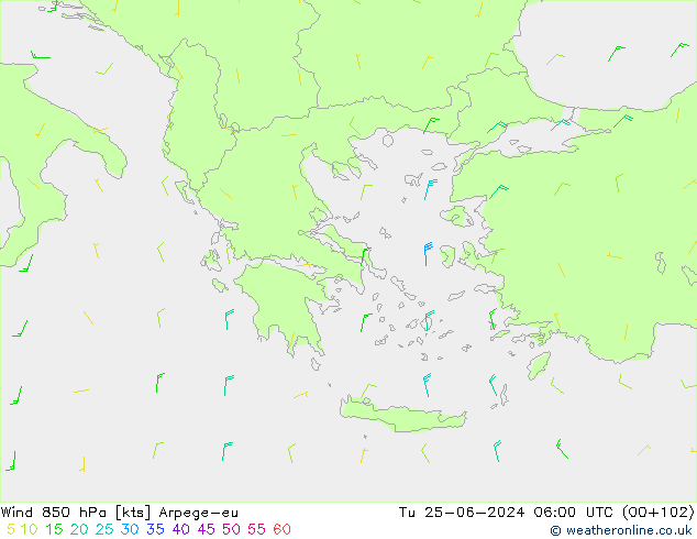Wind 850 hPa Arpege-eu Út 25.06.2024 06 UTC