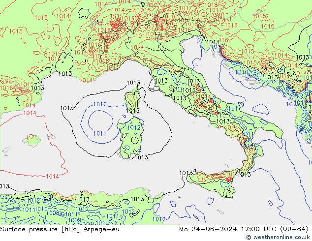 Surface pressure Arpege-eu Mo 24.06.2024 12 UTC