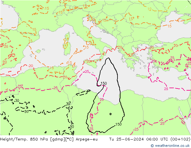 Yükseklik/Sıc. 850 hPa Arpege-eu Sa 25.06.2024 06 UTC