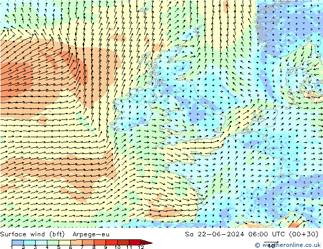 Vento 10 m (bft) Arpege-eu sab 22.06.2024 06 UTC