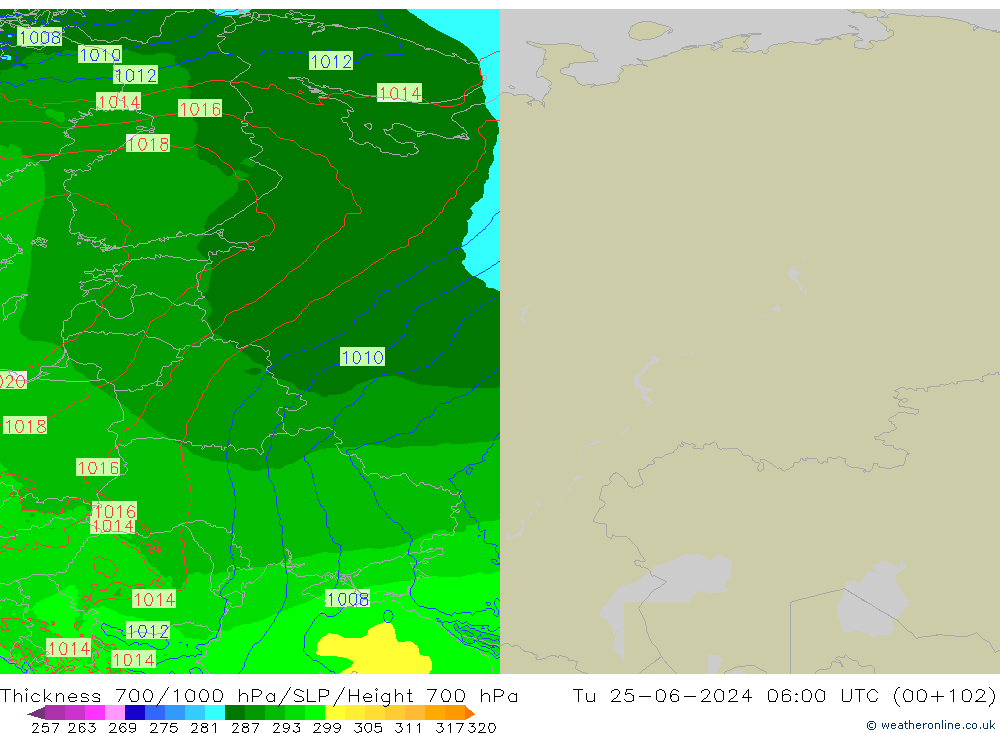 Thck 700-1000 hPa Arpege-eu Tu 25.06.2024 06 UTC