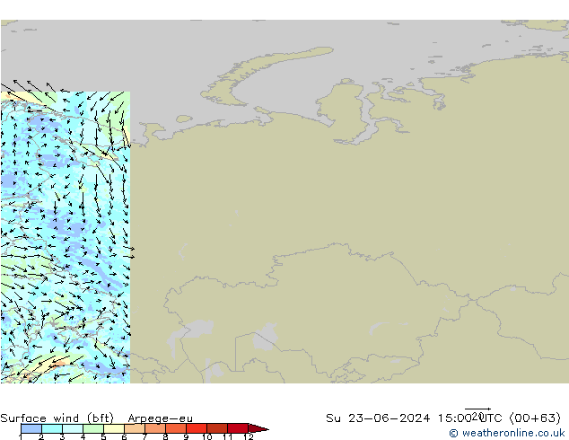 Wind 10 m (bft) Arpege-eu zo 23.06.2024 15 UTC