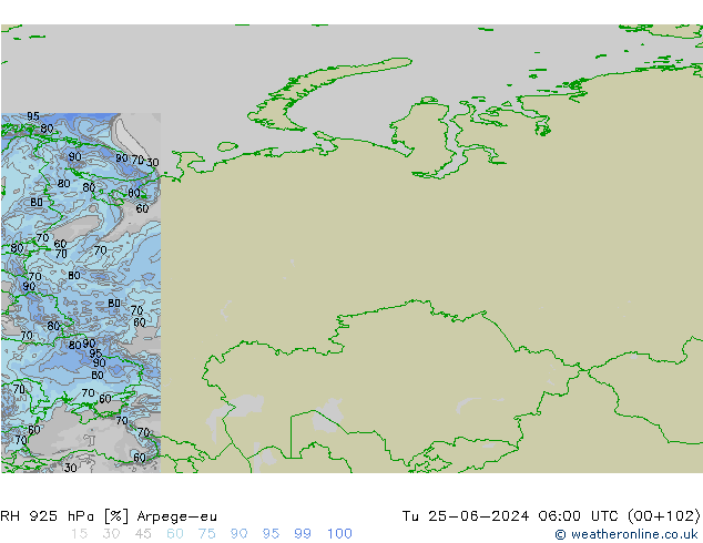 Humedad rel. 925hPa Arpege-eu mar 25.06.2024 06 UTC