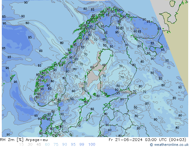 RH 2m Arpege-eu Pá 21.06.2024 03 UTC