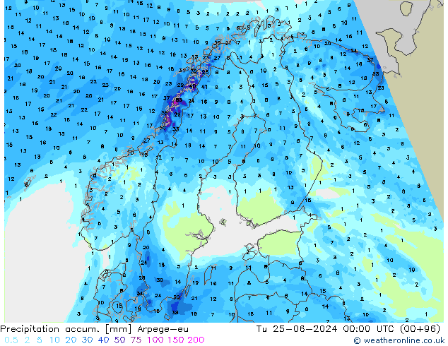 Precipitation accum. Arpege-eu wto. 25.06.2024 00 UTC