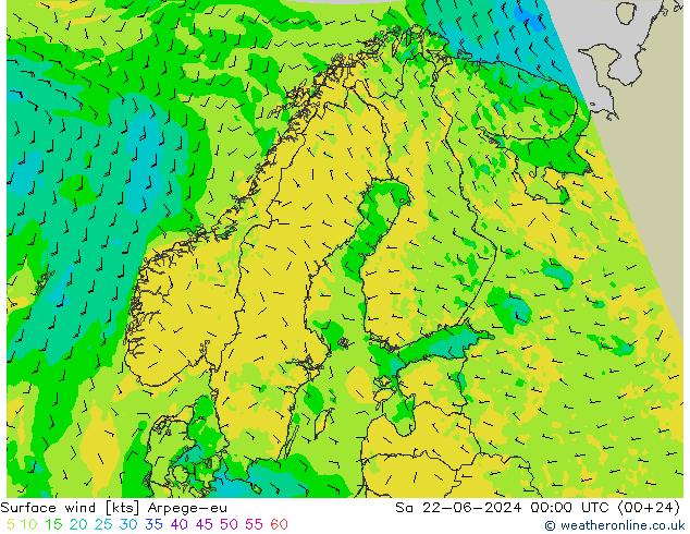 wiatr 10 m Arpege-eu so. 22.06.2024 00 UTC