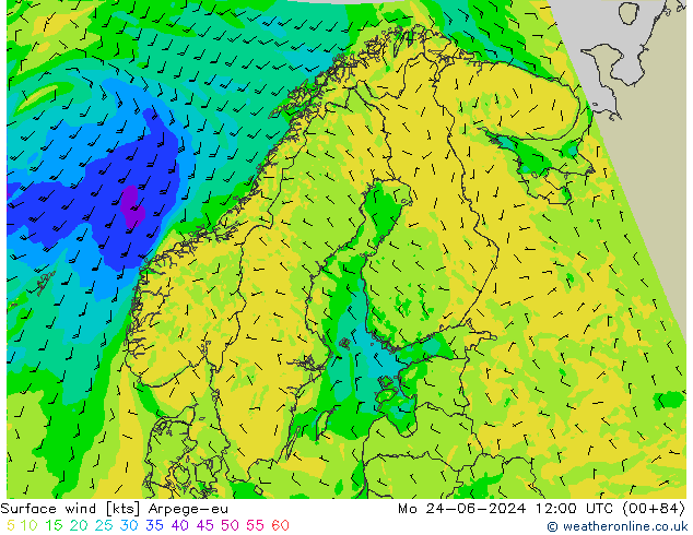 wiatr 10 m Arpege-eu pon. 24.06.2024 12 UTC