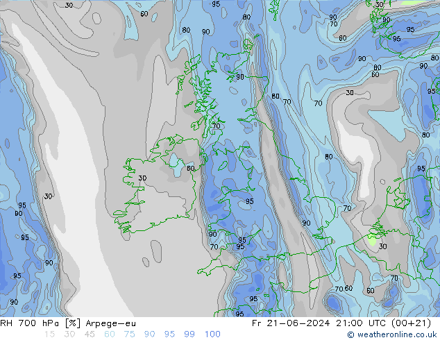 Humedad rel. 700hPa Arpege-eu vie 21.06.2024 21 UTC