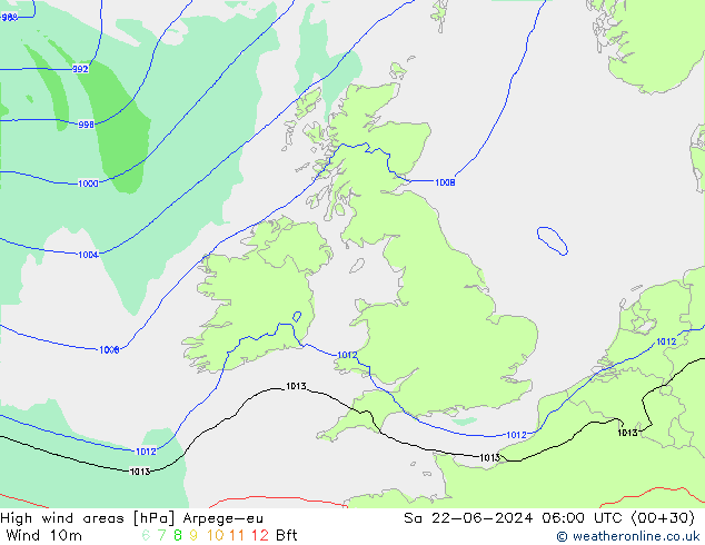 High wind areas Arpege-eu сб 22.06.2024 06 UTC