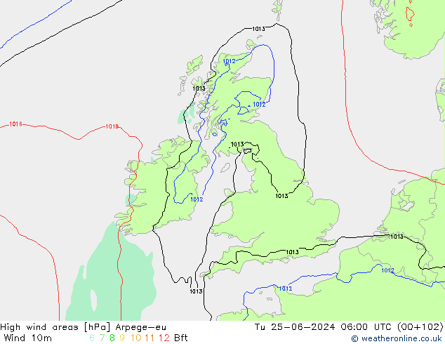 High wind areas Arpege-eu Tu 25.06.2024 06 UTC