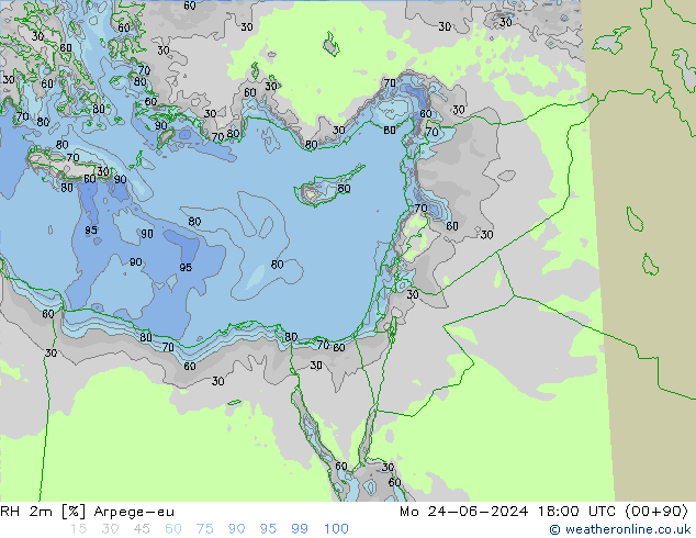RH 2m Arpege-eu Po 24.06.2024 18 UTC