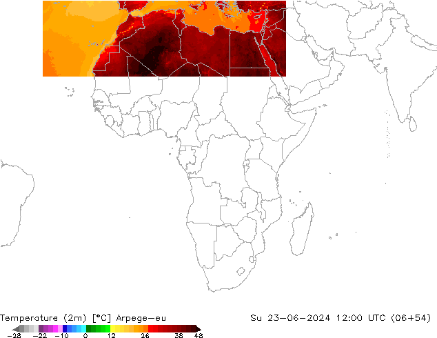 Temperatuurkaart (2m) Arpege-eu zo 23.06.2024 12 UTC