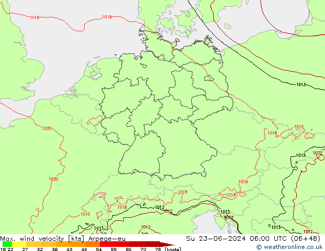 Max. wind velocity Arpege-eu Su 23.06.2024 06 UTC