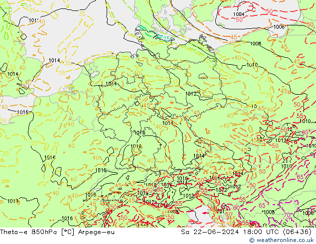 Theta-e 850hPa Arpege-eu Cts 22.06.2024 18 UTC