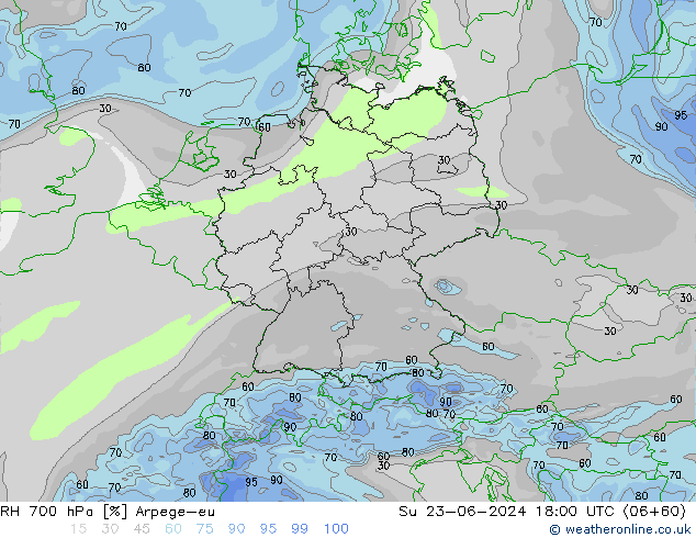 RH 700 hPa Arpege-eu Su 23.06.2024 18 UTC