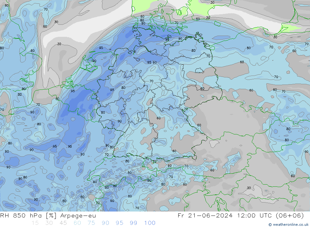 RH 850 hPa Arpege-eu Fr 21.06.2024 12 UTC