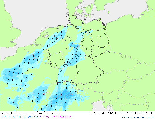 Precipitation accum. Arpege-eu 星期五 21.06.2024 09 UTC