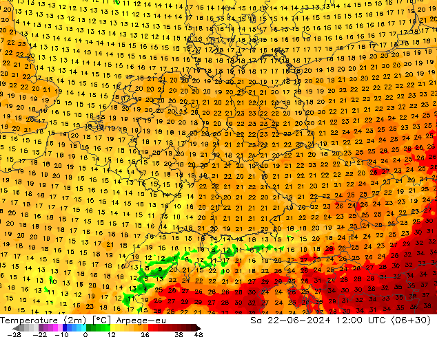 mapa temperatury (2m) Arpege-eu so. 22.06.2024 12 UTC