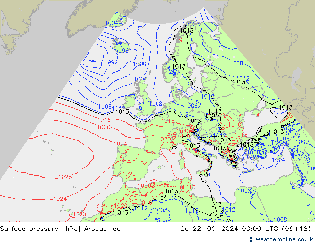 Pressione al suolo Arpege-eu sab 22.06.2024 00 UTC