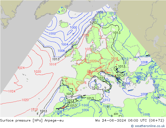 Surface pressure Arpege-eu Mo 24.06.2024 06 UTC