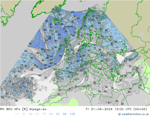 Humidité rel. 850 hPa Arpege-eu ven 21.06.2024 12 UTC